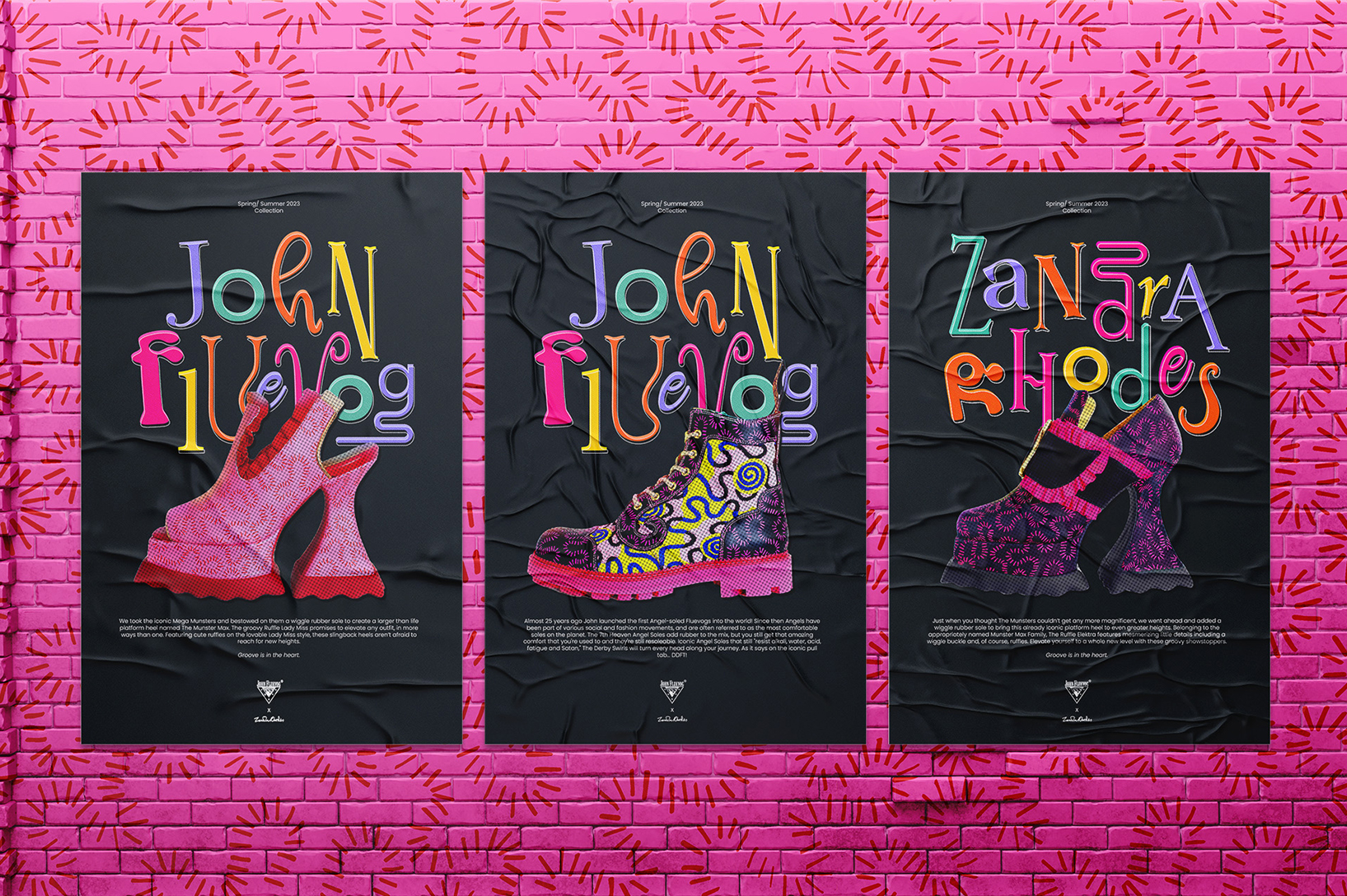 A collaboration between John Fluevog and Zandra Rhrodes, packaging and tags